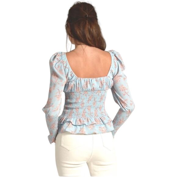 Cistar 90112 Blue Pink Floral Print Square Neck Smocked Top Women's Large - Picture 3 of 9